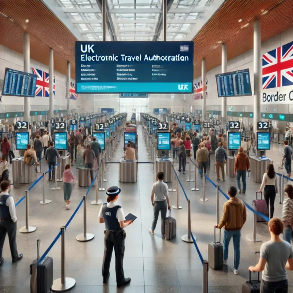 Dall·e 2025 01 08 20.22.37 A Modern Uk Airport Border Control Area With Travellers Standing In Queues At Immigration Desks. Digital Signage Displays Information About The New El